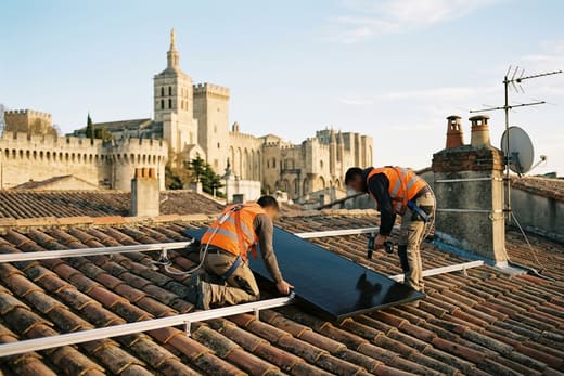 Équipe d’installateurs posant des panneaux solaires sur une toiture en tuiles