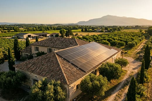 Grande toiture équipée de panneaux solaires au coucher du soleil