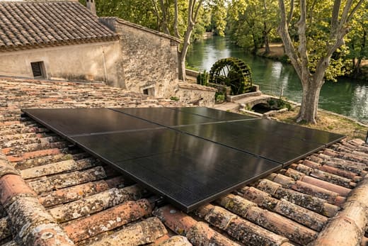 Panneaux solaires posés sur une toiture ancienne en tuiles