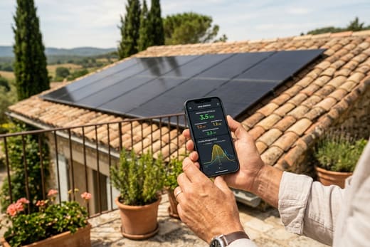Panneaux solaires en toiture et application de suivi de production — photo d'illustration