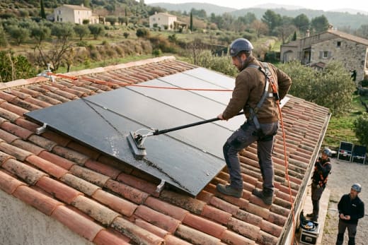 Technicien nettoyant des panneaux solaires sur une toiture en tuiles en Provence — photo d'illustration
