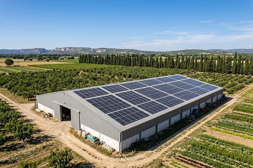 Grande toiture de hangar agricole équipée de panneaux solaires — photo d'illustration