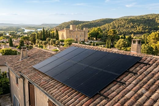 Toiture solaire avec le château de Barbentane et la Montagnette en arrière-plan — photo d'illustration