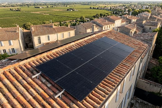 Panneaux solaires sur une toiture ancienne du bourg de Bollène, dominant les vignes de la vallée du Rhône — photo d'illustration