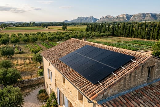 Panneaux solaires sur une toiture pavillonnaire de la plaine de Cabannes, entre Alpilles et Durance — photo d'illustration