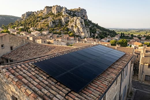 Toiture solaire avec la colline Saint-Jacques dominant Cavaillon — photo d'illustration