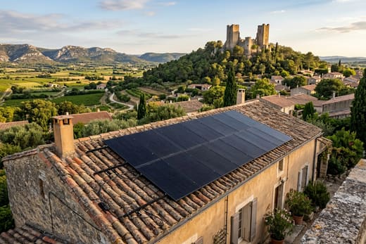 Toiture solaire avec les tours du château féodal de Châteaurenard en arrière-plan — photo d'illustration