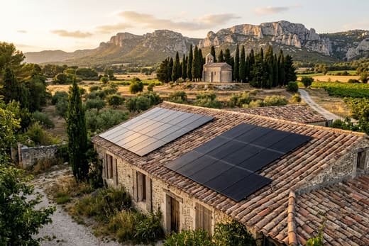 Toiture solaire avec la chapelle Saint-Sixte et ses cyprès, au pied des Alpilles, à Eygalières — photo d'illustration