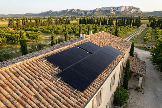 Panneaux solaires sur une toiture des vergers d'Eyragues, au nord des Alpilles — photo d'illustration