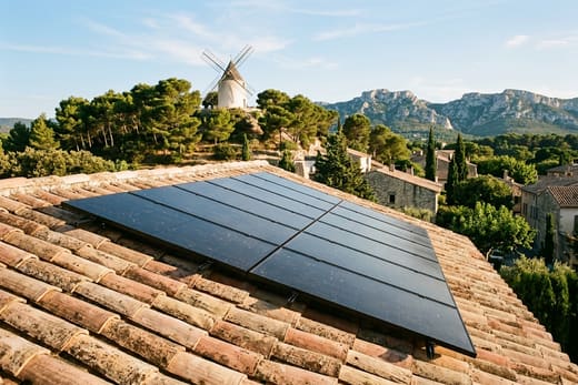 Toiture solaire avec le moulin de Daudet dominant Fontvieille — photo d'illustration