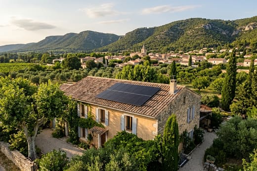 Toiture solaire avec Graveson et la Montagnette boisée en arrière-plan — photo d'illustration