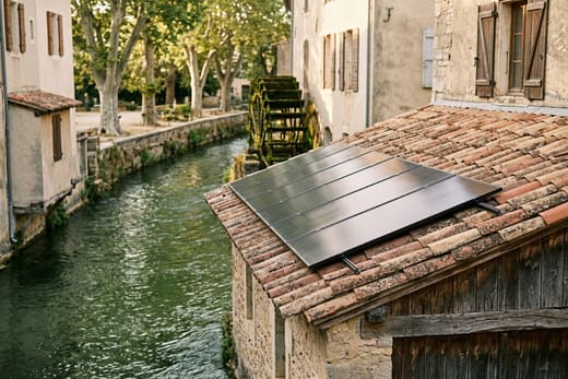 Panneaux solaires sur une toiture ancienne près d'un canal et d'une roue à aubes à L'Isle-sur-la-Sorgue — photo d'illustration