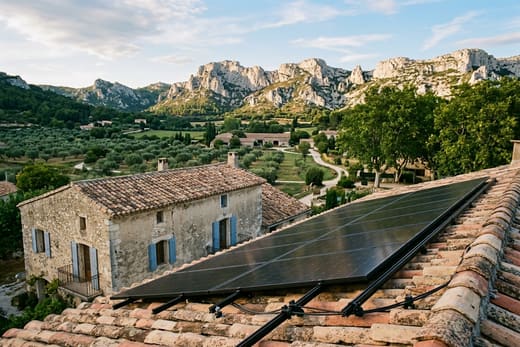 Panneaux solaires sur une toiture dans la vallée des Baux, parmi les oliveraies, au Paradou — photo d'illustration