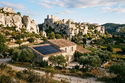 Panneaux solaires sur un mas de la vallée, avec la cité perchée des Baux-de-Provence en arrière-plan — photo d'illustration
