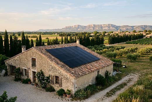 Panneaux solaires sur un mas entouré de cyprès, au nord des Alpilles, à Maillane — photo d'illustration