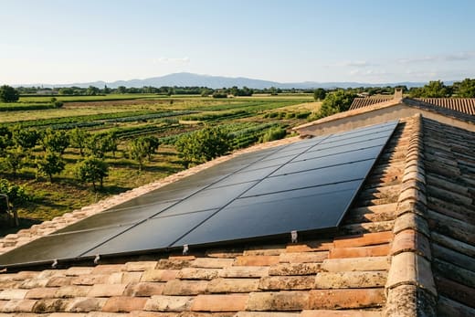 Toiture solaire dans la plaine du Comtat avec le mont Ventoux à l'horizon, à Monteux — photo d'illustration