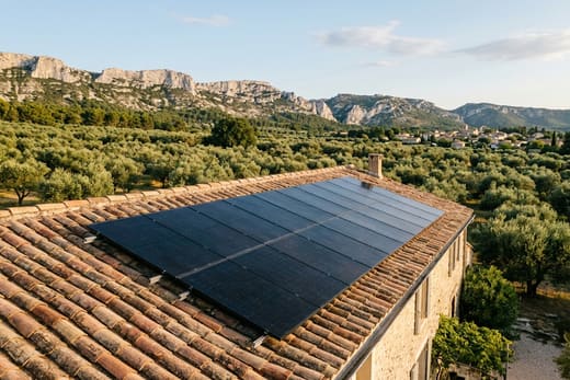 Panneaux solaires sur un mas entouré d'oliveraies, au pied sud des Alpilles, à Mouriès — photo d'illustration