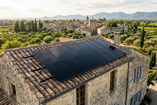 Panneaux solaires sur une toiture du vieux village de Noves — photo d'illustration