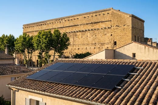 Panneaux solaires sur une toiture avec le théâtre antique romain d'Orange en arrière-plan — photo d'illustration