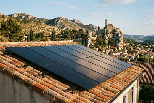 Toiture solaire avec la chapelle Notre-Dame-de-Beauregard dominant Orgon — photo d'illustration