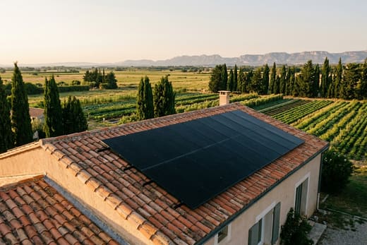 Panneaux solaires sur une toiture de la plaine de la Durance, à Plan-d'Orgon — photo d'illustration