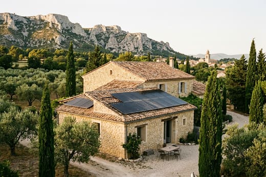 Panneaux solaires sur un mas provençal, avec la chaîne des Alpilles en arrière-plan, à Saint-Rémy-de-Provence — photo d'illustration