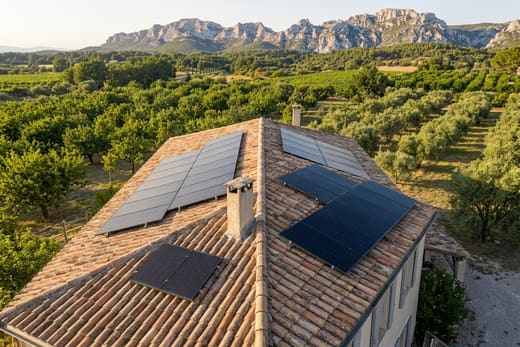 Panneaux solaires sur une toiture des vergers de la plaine de Sénas, entre Alpilles et Durance — photo d'illustration