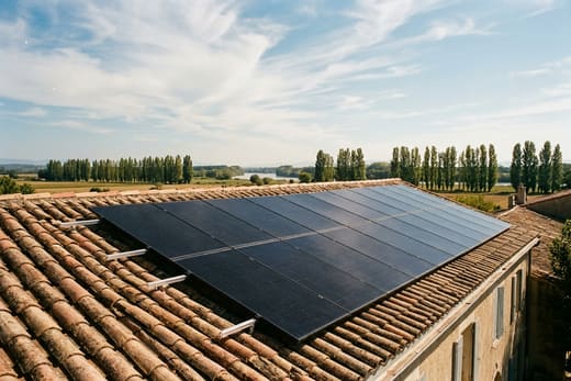 Panneaux solaires sur une toiture de la plaine riveraine du Rhône, à Sorgues — photo d'illustration