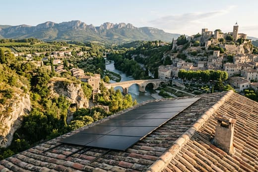 Toiture solaire avec le pont romain sur l'Ouvèze et les Dentelles de Montmirail, à Vaison-la-Romaine — photo d'illustration