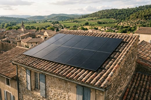 Panneaux solaires sur une toiture du bourg de Valréas, entouré de vignes de l'Enclave des Papes — photo d'illustration