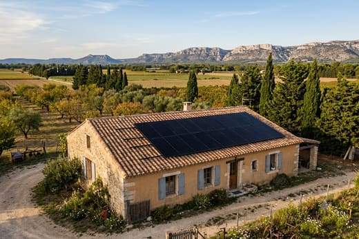 Panneaux solaires sur une toiture des vergers et de la plaine de Verquières, entre Alpilles et Durance — photo d'illustration
